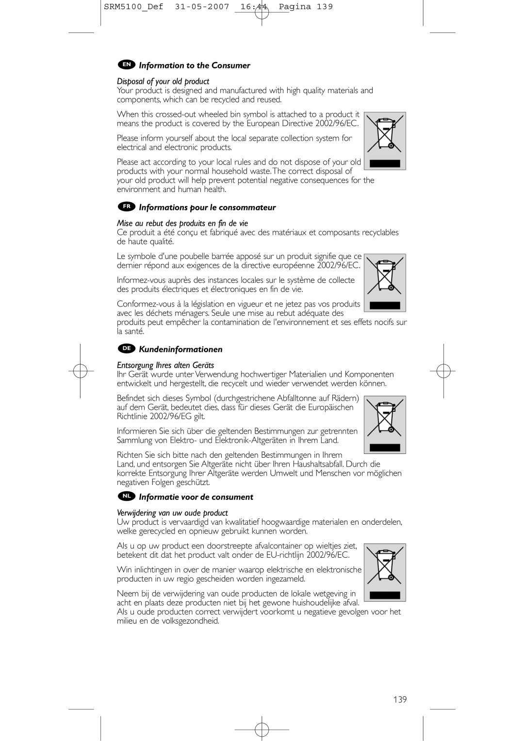 Philips SRM 5100 user manual EN Information to the Consumer, FR Informations pour le consommateur, DE Kundeninformationen 