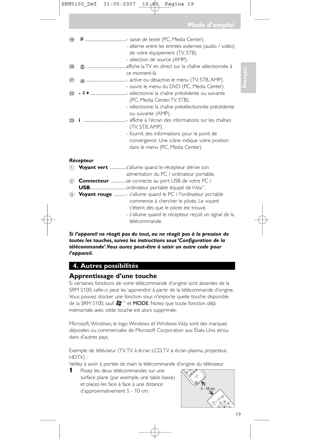 Philips SRM 5100 user manual Autres possibilités, Apprentissage d’une touche, Récepteur, Voyant vert 