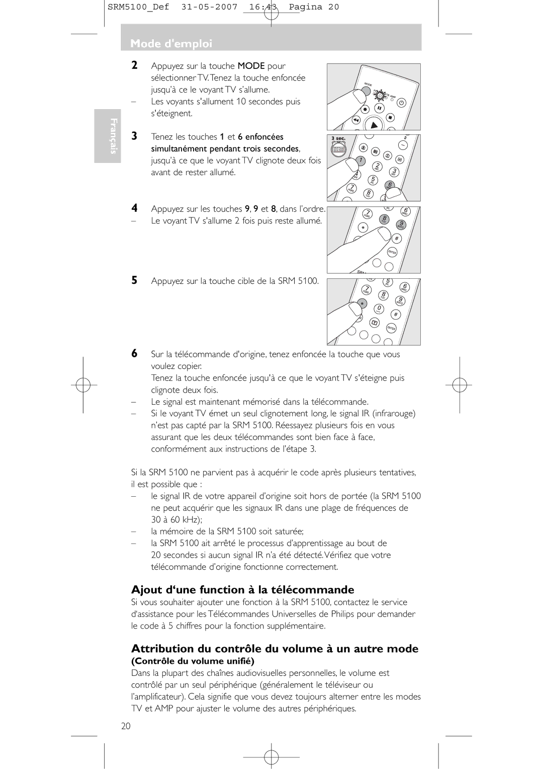 Philips SRM 5100 user manual Ajout d‘une function à la télécommande, Attribution du contrôle du volume à un autre mode 