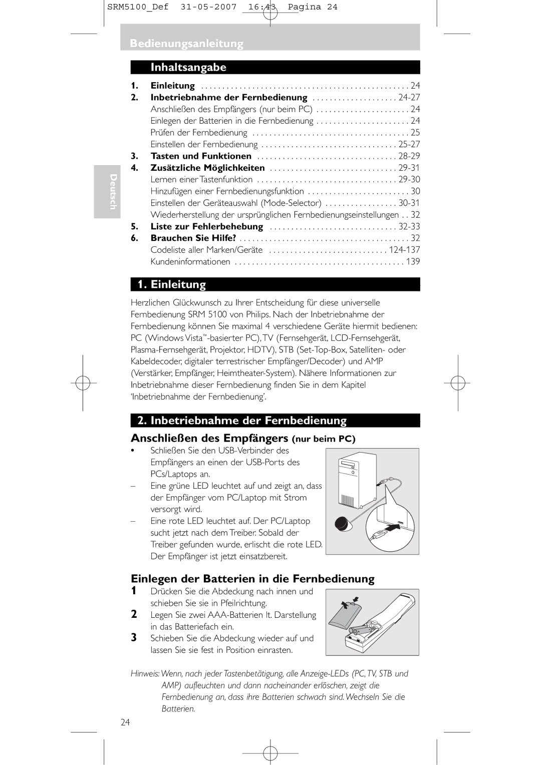 Philips SRM 5100 user manual Bedienungsanleitung Inhaltsangabe, Einleitung, Inbetriebnahme der Fernbedienung 