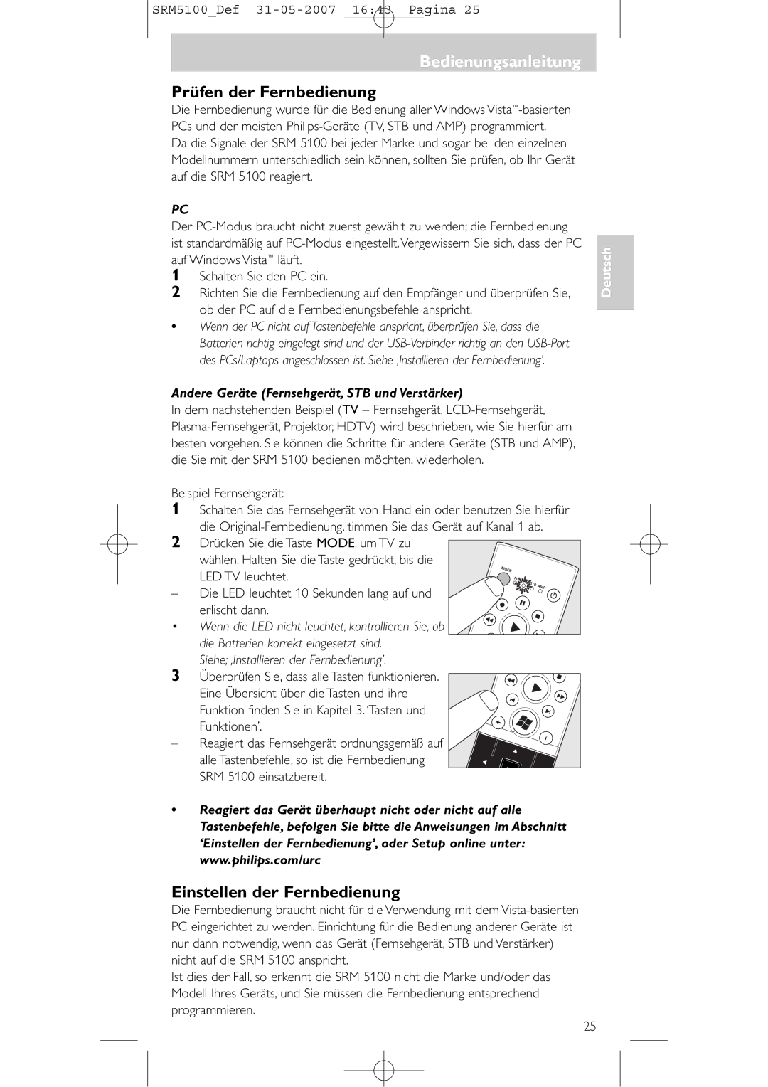 Philips SRM 5100 user manual Bedienungsanleitung, Prüfen der Fernbedienung, Einstellen der Fernbedienung 