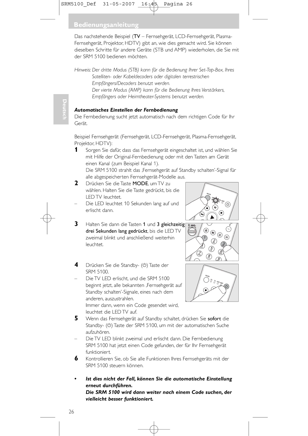 Philips SRM 5100 user manual Automatisches Einstellen der Fernbedienung 