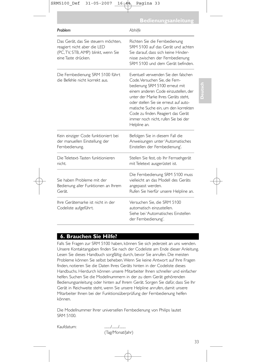 Philips SRM 5100 user manual Brauchen Sie Hilfe?, Problem Abhilfe 