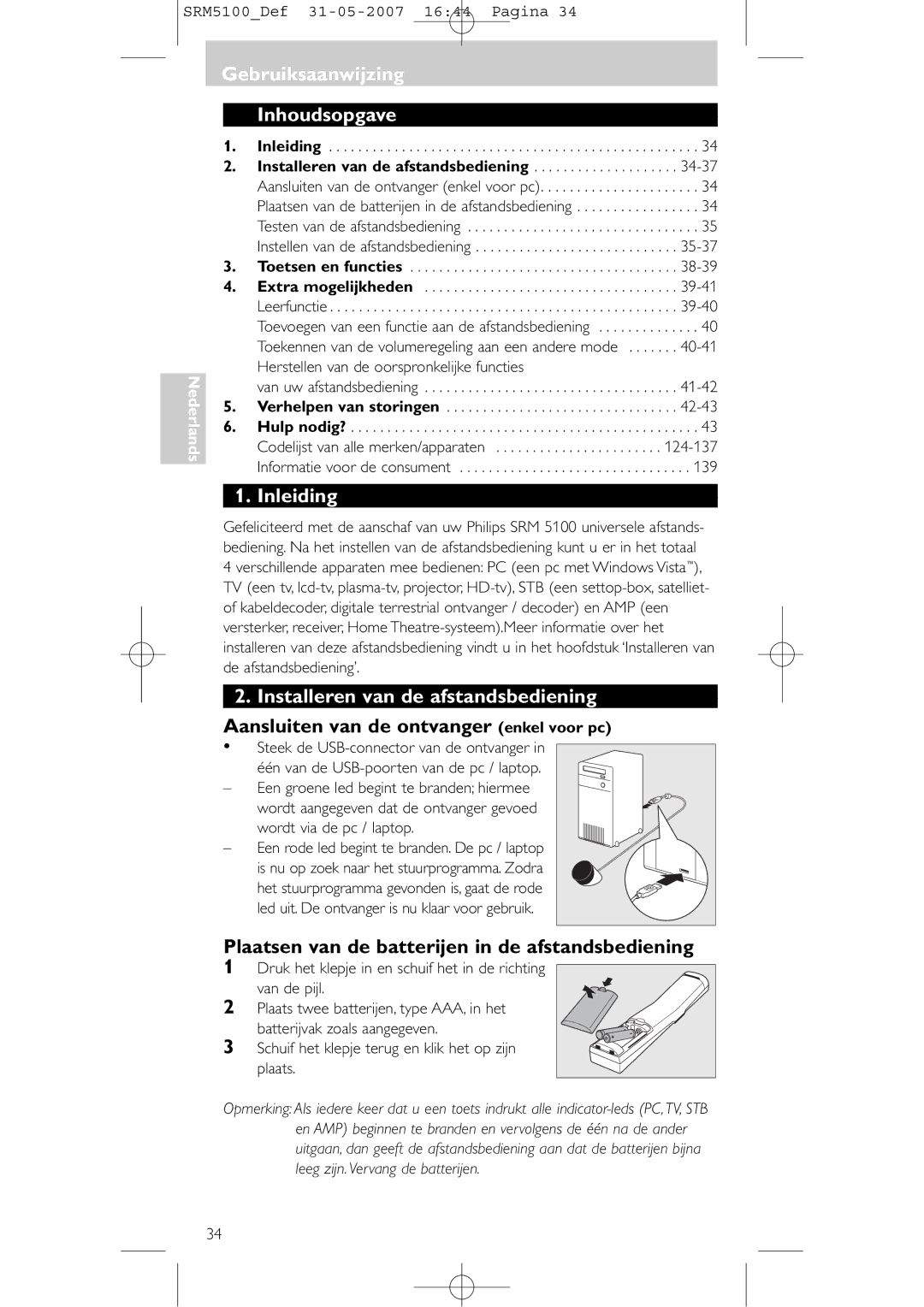 Philips SRM 5100 user manual Gebruiksaanwijzing Inhoudsopgave, Inleiding, Installeren van de afstandsbediening 