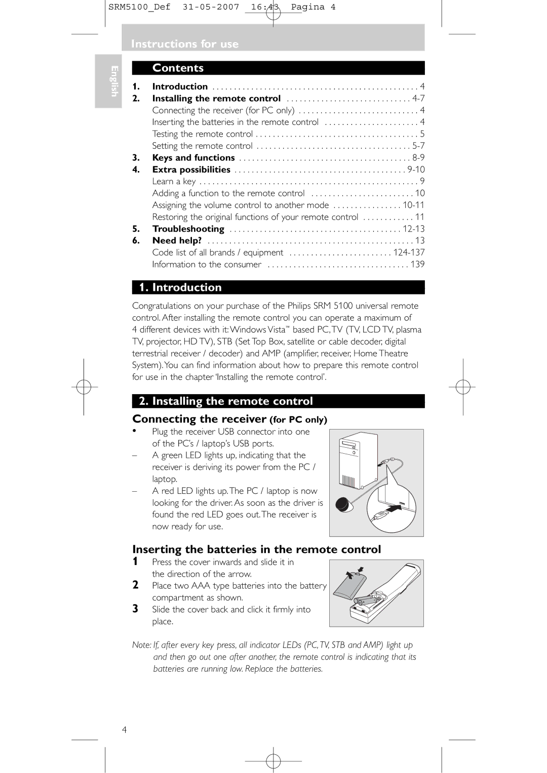 Philips SRM 5100 user manual Instructions for use Contents, Introduction, Installing the remote control 