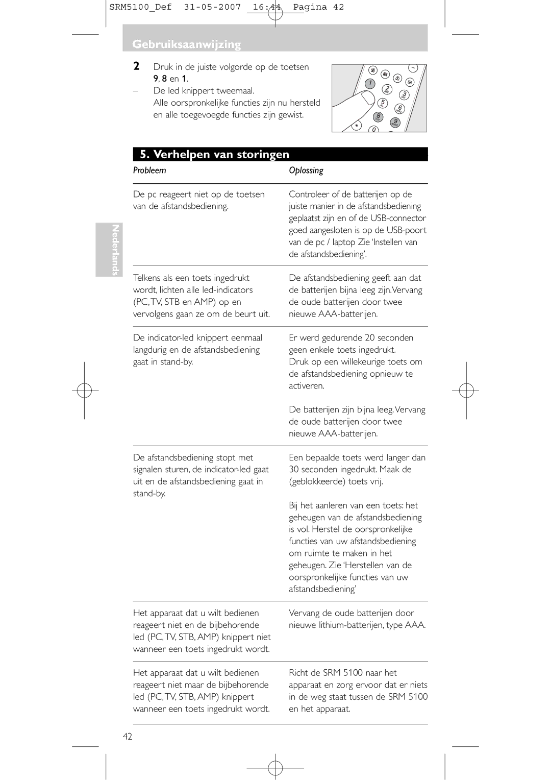 Philips SRM 5100 user manual Verhelpen van storingen 