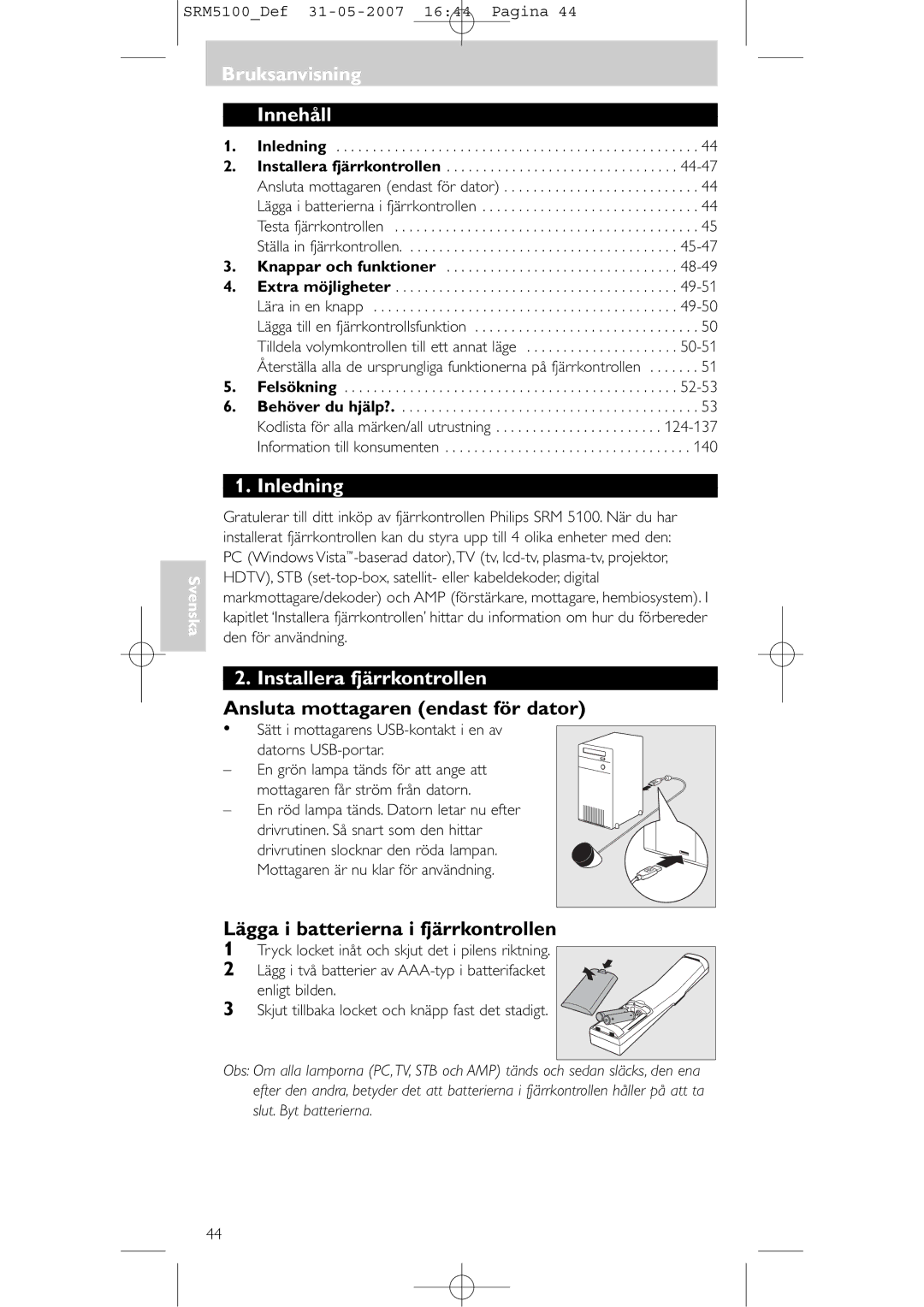 Philips SRM 5100 Bruksanvisning Innehåll, Inledning, Installera fjärrkontrollen, Ansluta mottagaren endast för dator 