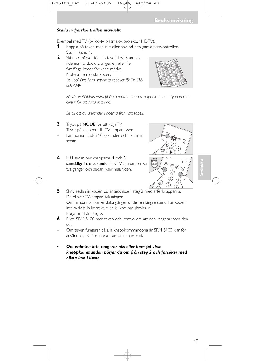 Philips SRM 5100 user manual Ställa in fjärrkontrollen manuellt 