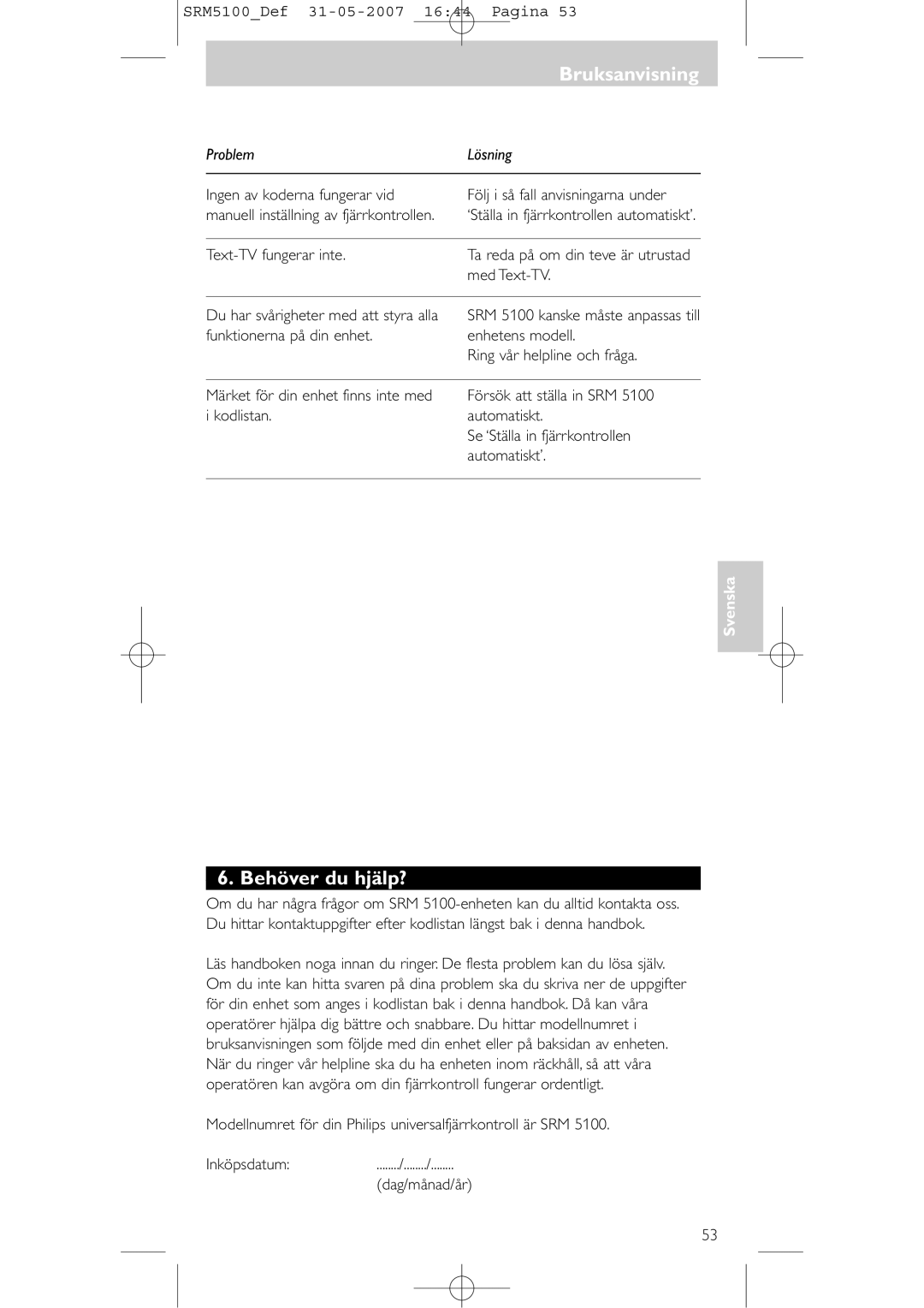 Philips SRM 5100 user manual Behöver du hjälp?, Problem Lösning 