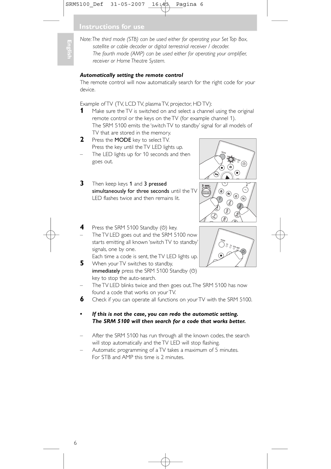 Philips SRM 5100 user manual Automatically setting the remote control 