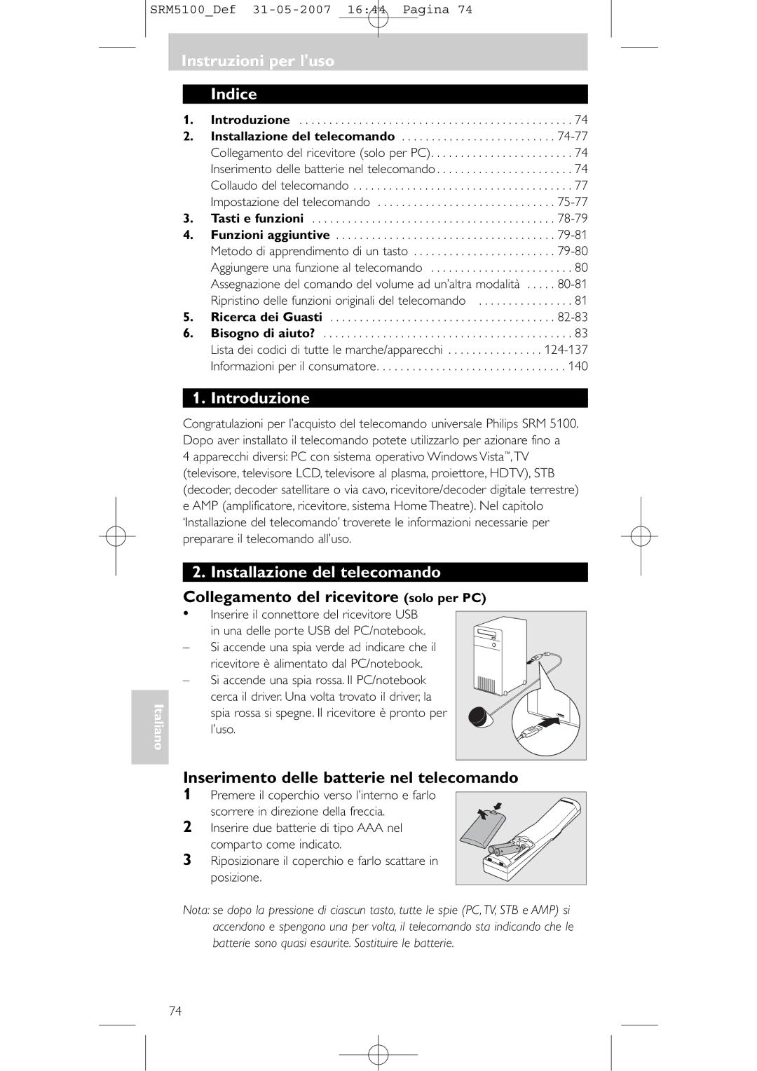 Philips SRM 5100 user manual Instruzioni per luso Indice, Introduzione, Installazione del telecomando 