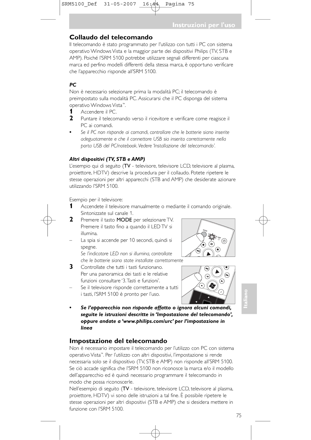 Philips SRM 5100 user manual Instruzioni per luso, Collaudo del telecomando, Impostazione del telecomando 