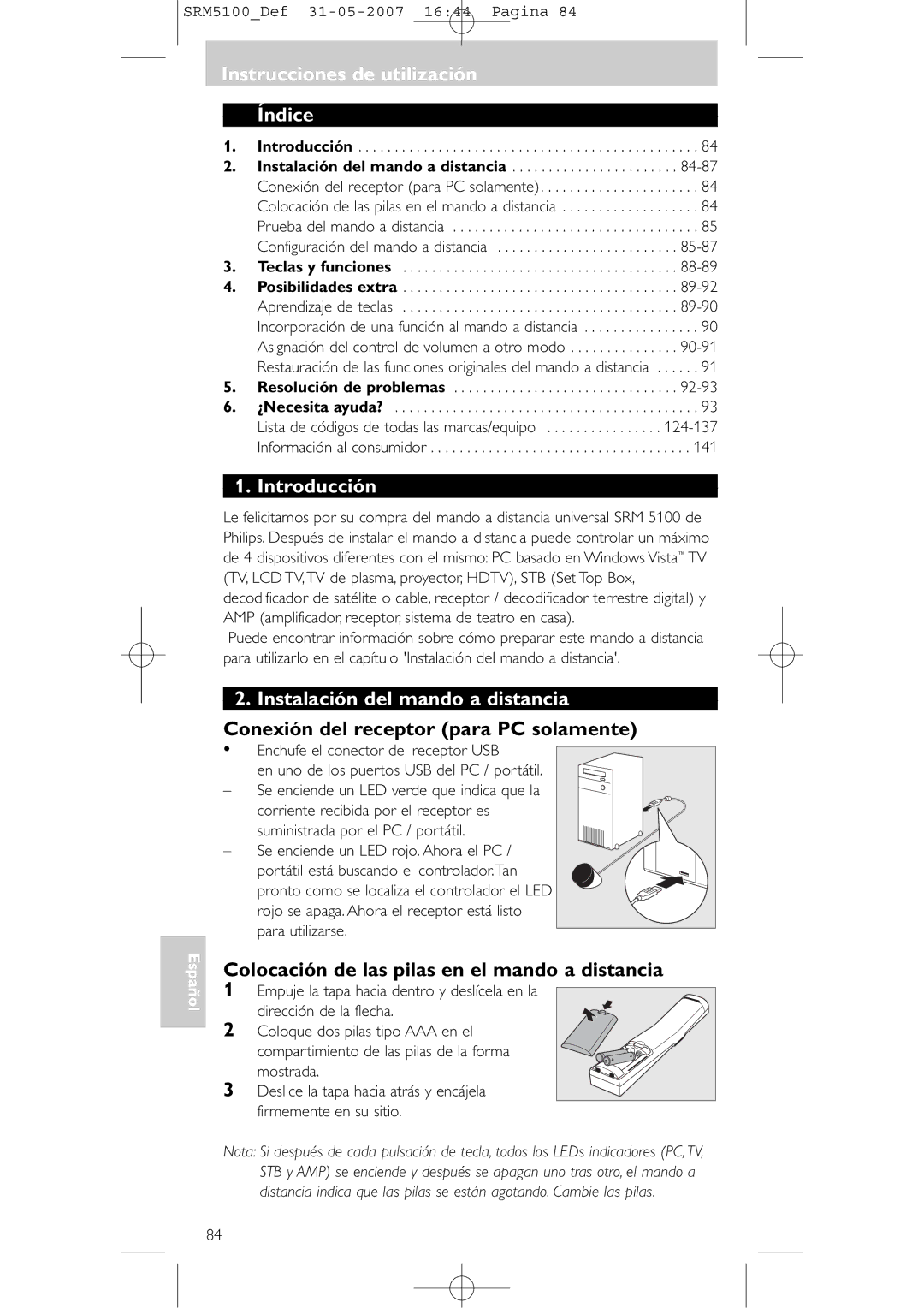 Philips SRM 5100 user manual Instrucciones de utilización Índice, Introducción, Instalación del mando a distancia 