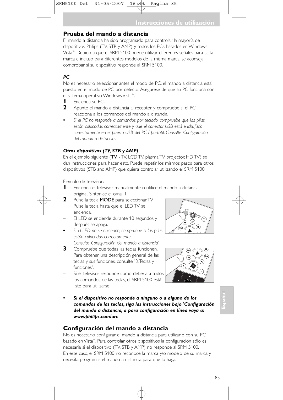 Philips SRM 5100 Instrucciones de utilización, Prueba del mando a distancia, Configuración del mando a distancia 