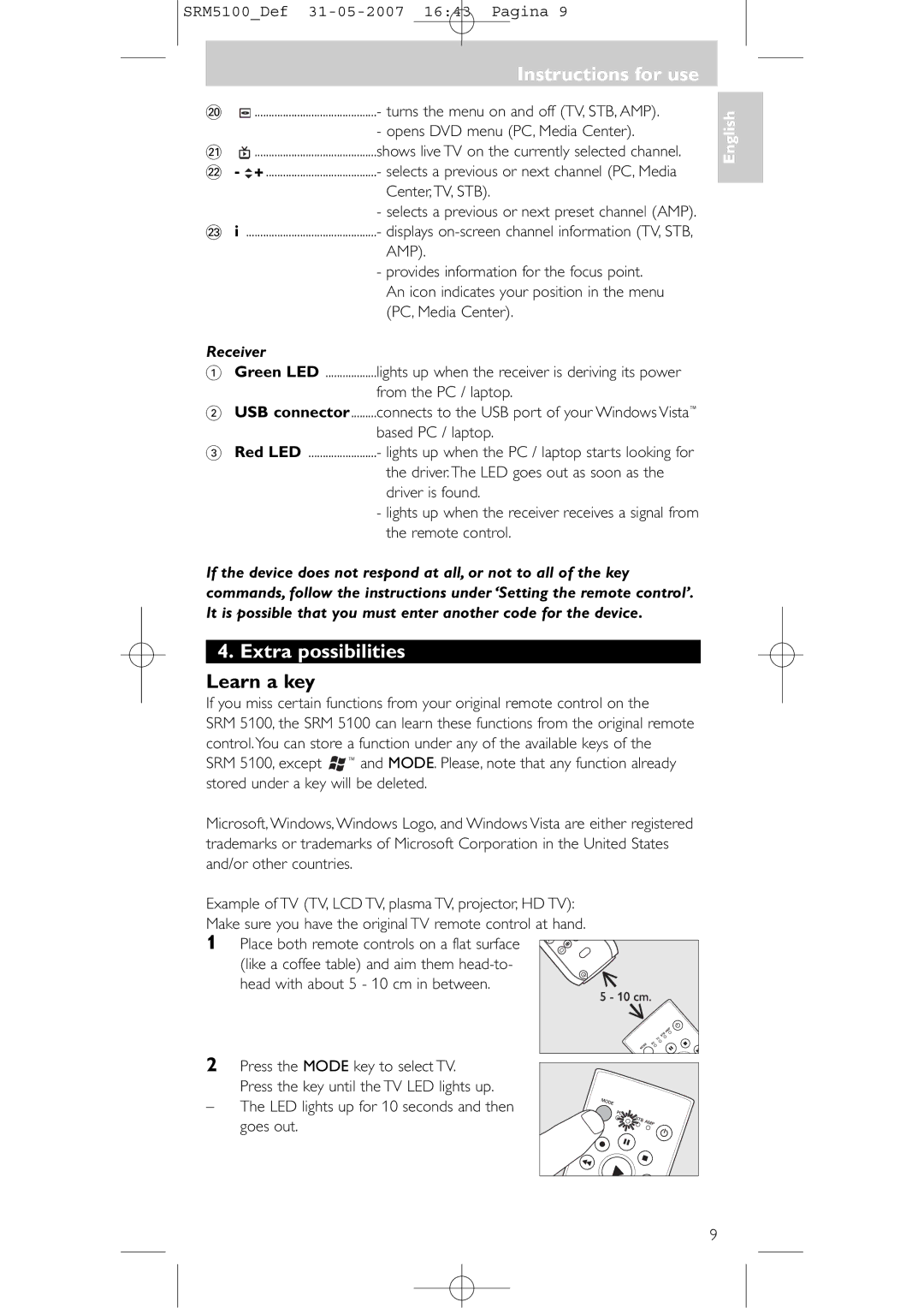 Philips SRM 5100 user manual Extra possibilities, Learn a key, Receiver, Red LED 