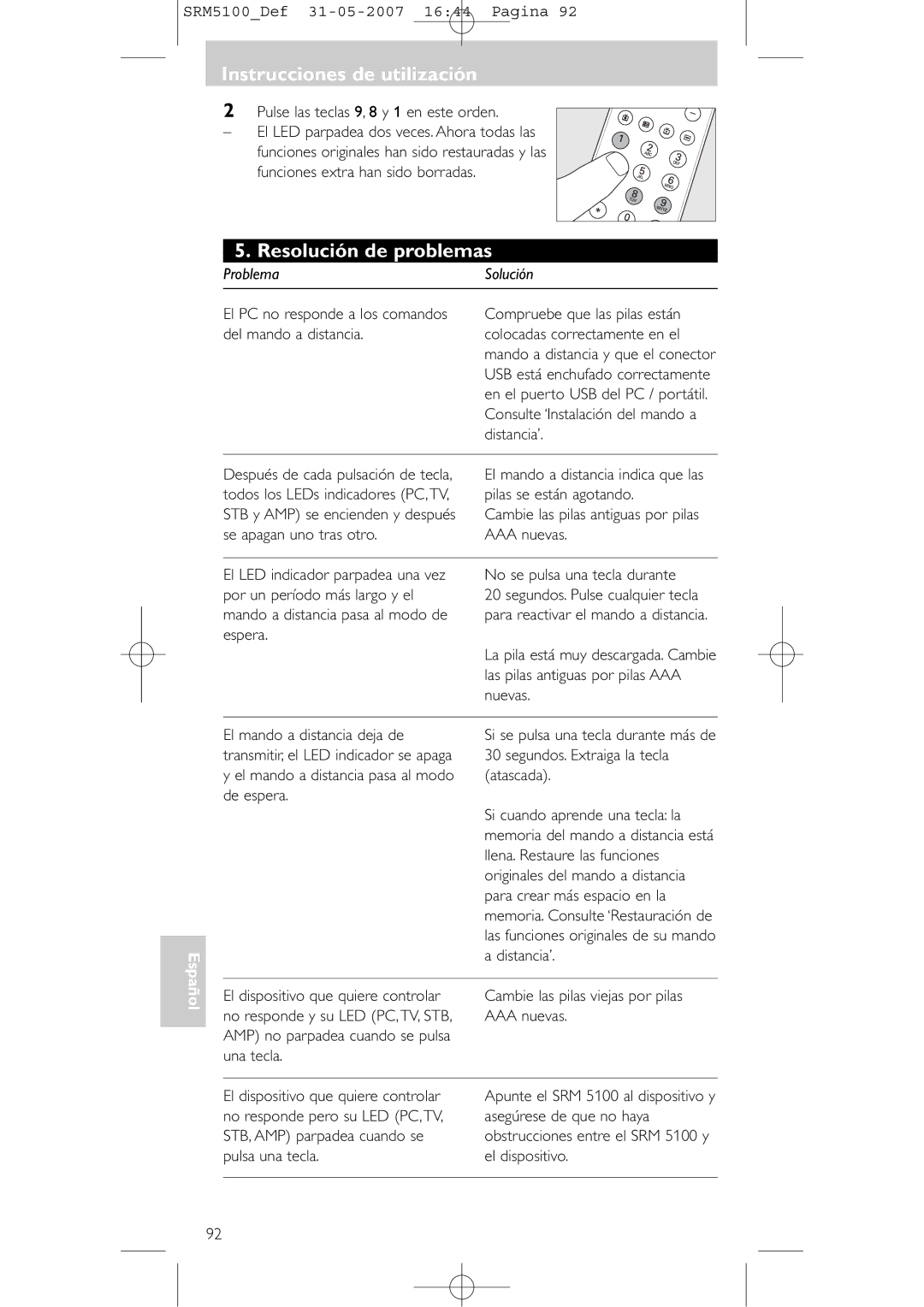 Philips SRM 5100 user manual Resolución de problemas, Problema 