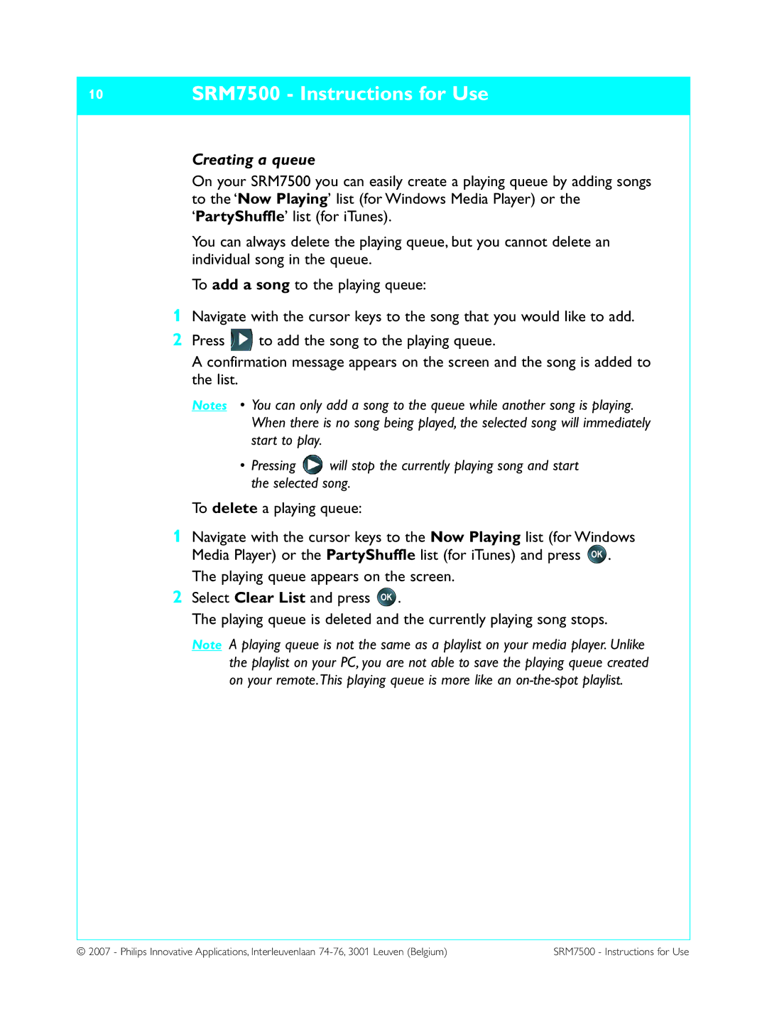 Philips manual 10 SRM7500 Instructions for Use, Creating a queue 