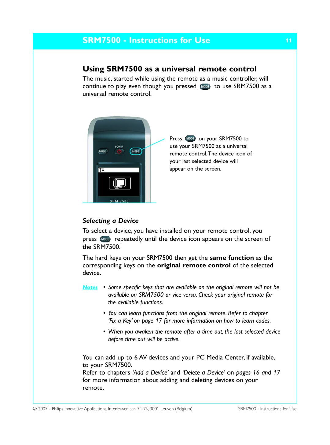 Philips manual Using SRM7500 as a universal remote control, Selecting a Device 