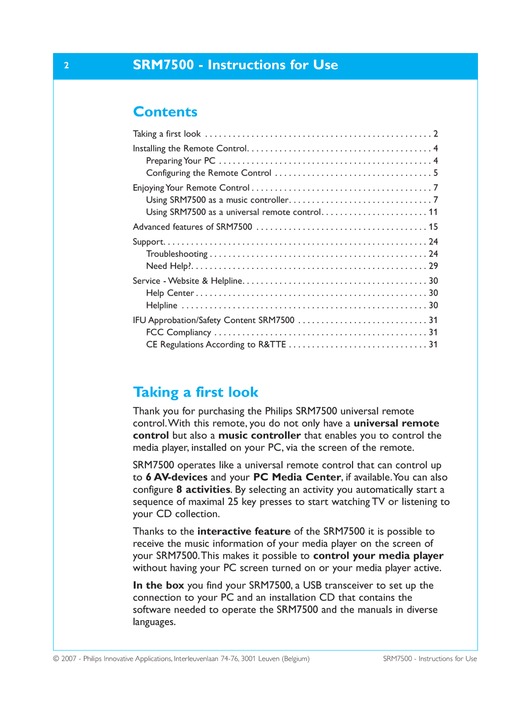 Philips SRM7500 manual Contents, Taking a first look 