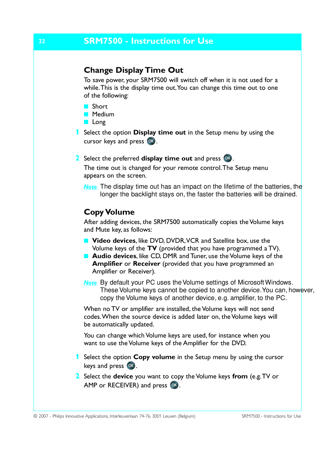 Philips manual 22 SRM7500 Instructions for Use, Change Display Time Out, Copy Volume 