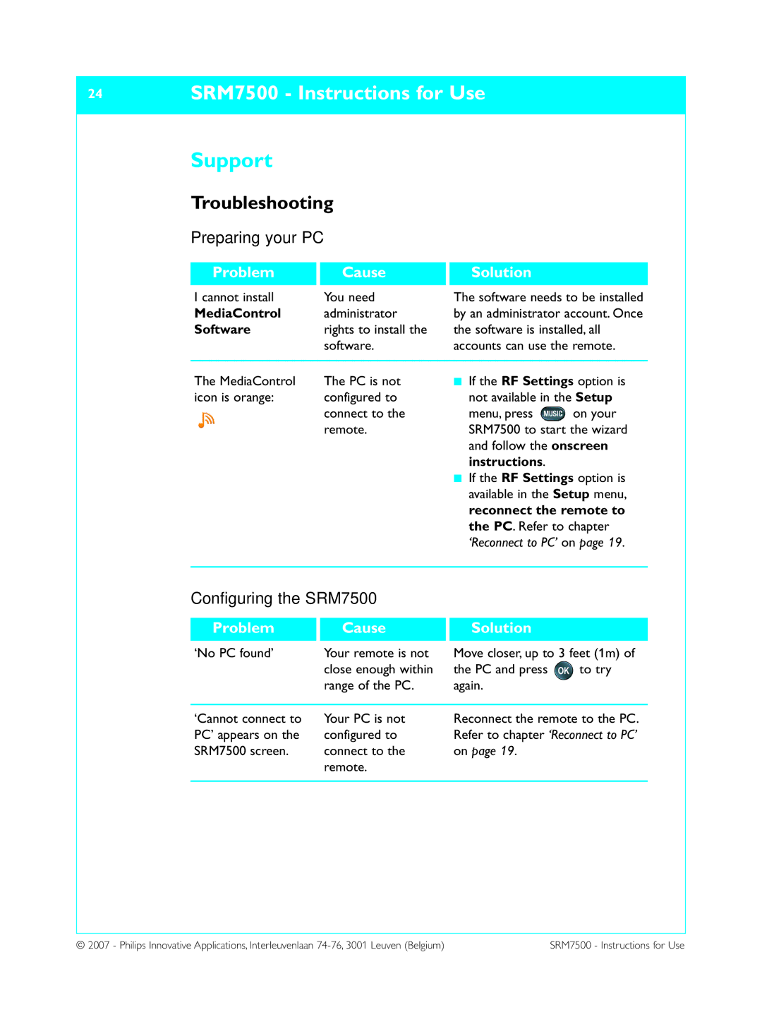 Philips manual Support, 24 SRM7500 Instructions for Use, Troubleshooting, Preparing your PC, Configuring the SRM7500 