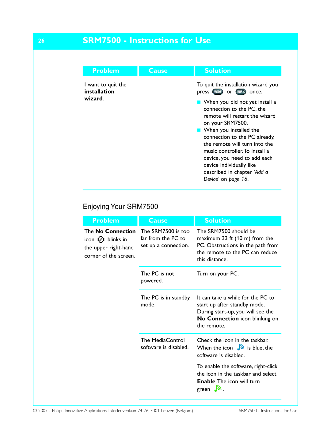 Philips manual 26 SRM7500 Instructions for Use, Enjoying Your SRM7500, Wizard, No Connection 