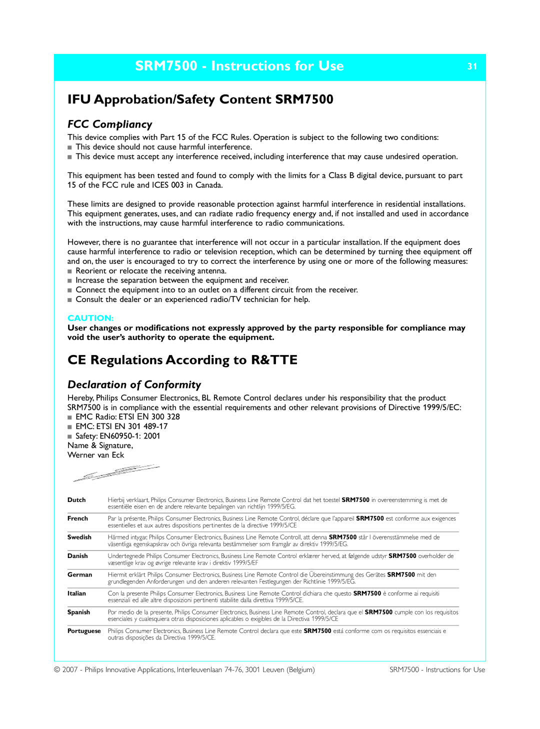 Philips manual IFU Approbation/Safety Content SRM7500, CE Regulations According to R&TTE, FCC Compliancy 