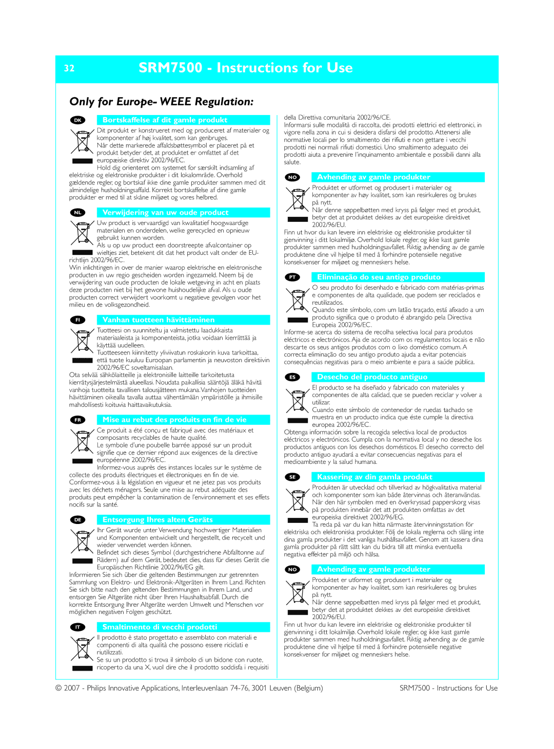 Philips manual 32 SRM7500 Instructions for Use, Only for Europe- Weee Regulation 