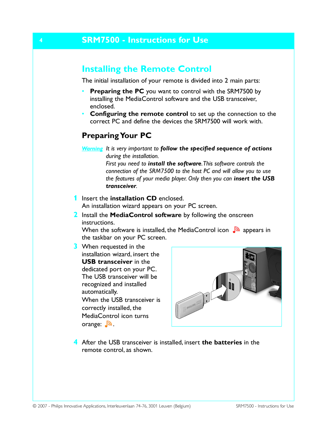 Philips SRM7500 manual Installing the Remote Control, Preparing Your PC 