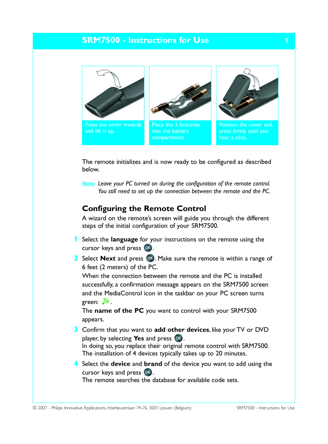 Philips SRM7500 manual Configuring the Remote Control 