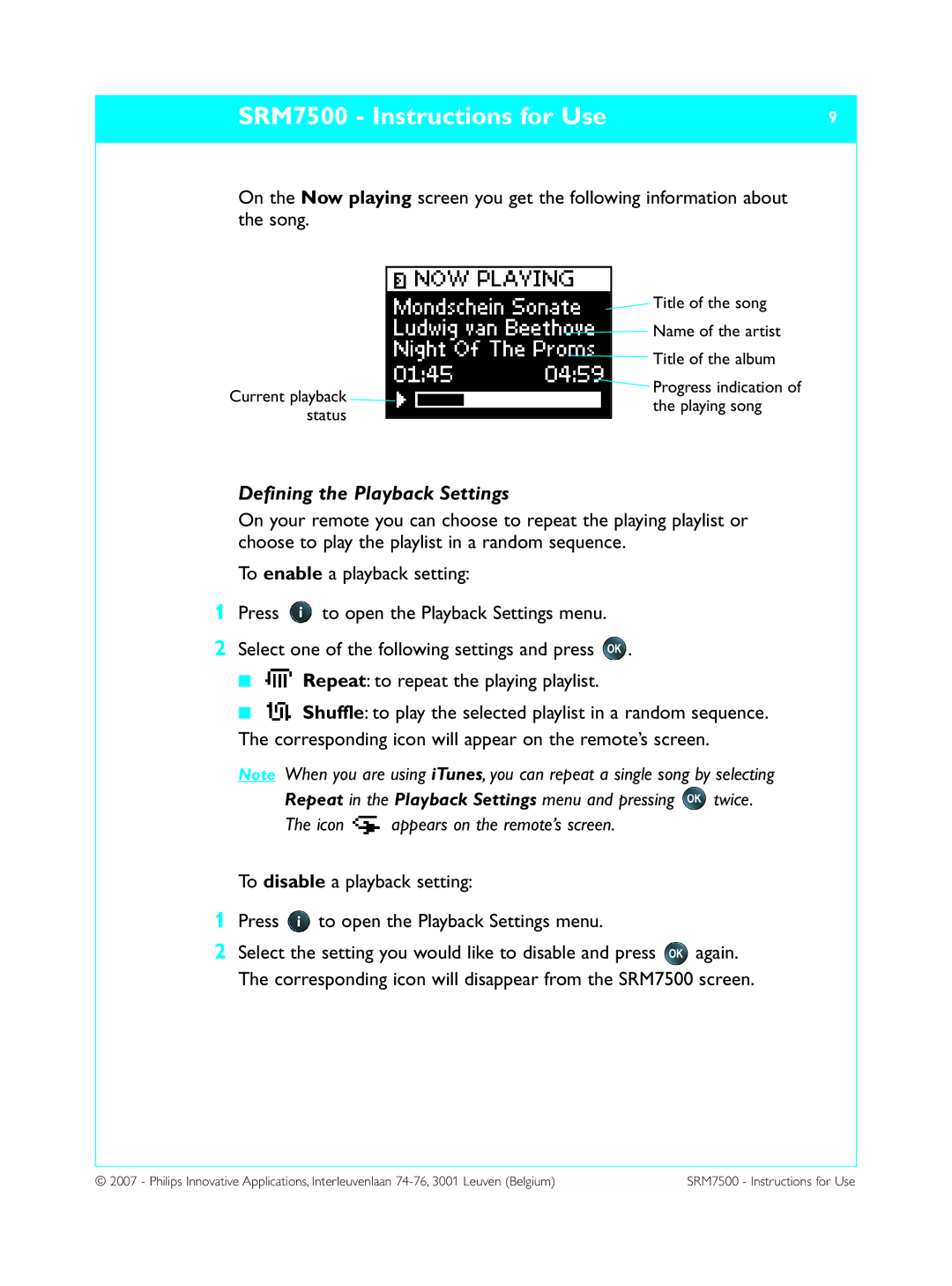 Philips SRM7500 manual Defining the Playback Settings 