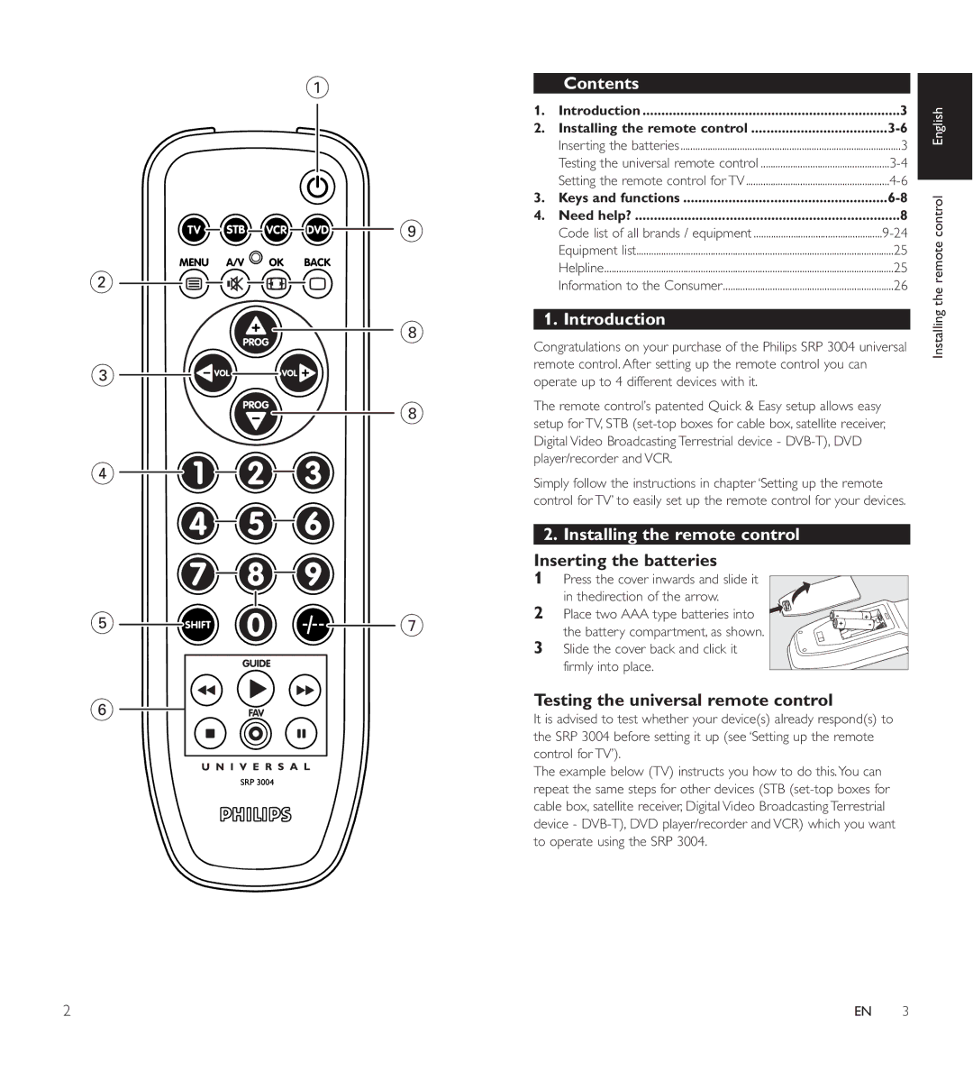 Philips SRP 3004/10 user manual Contents, Introduction, Installing the remote control 