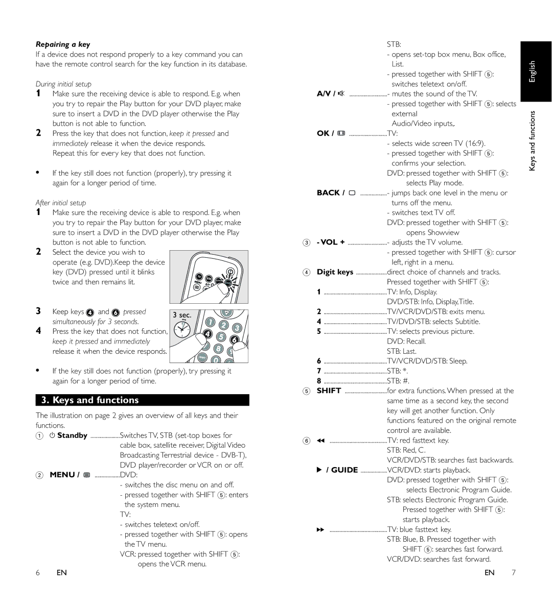 Philips SRP 3004/10 user manual Keys and functions 