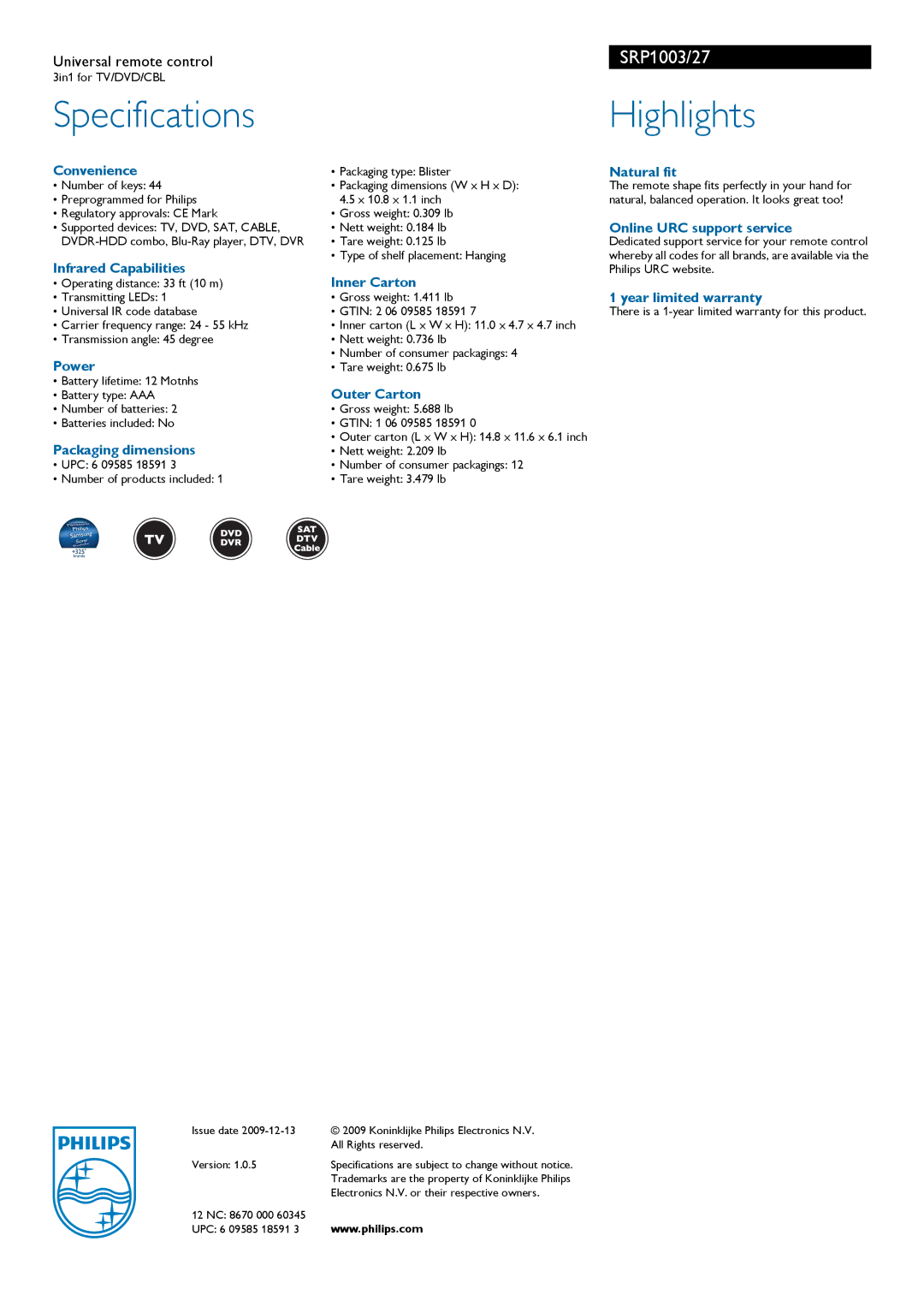 Philips SRP1003/27 warranty Specifications, Highlights 