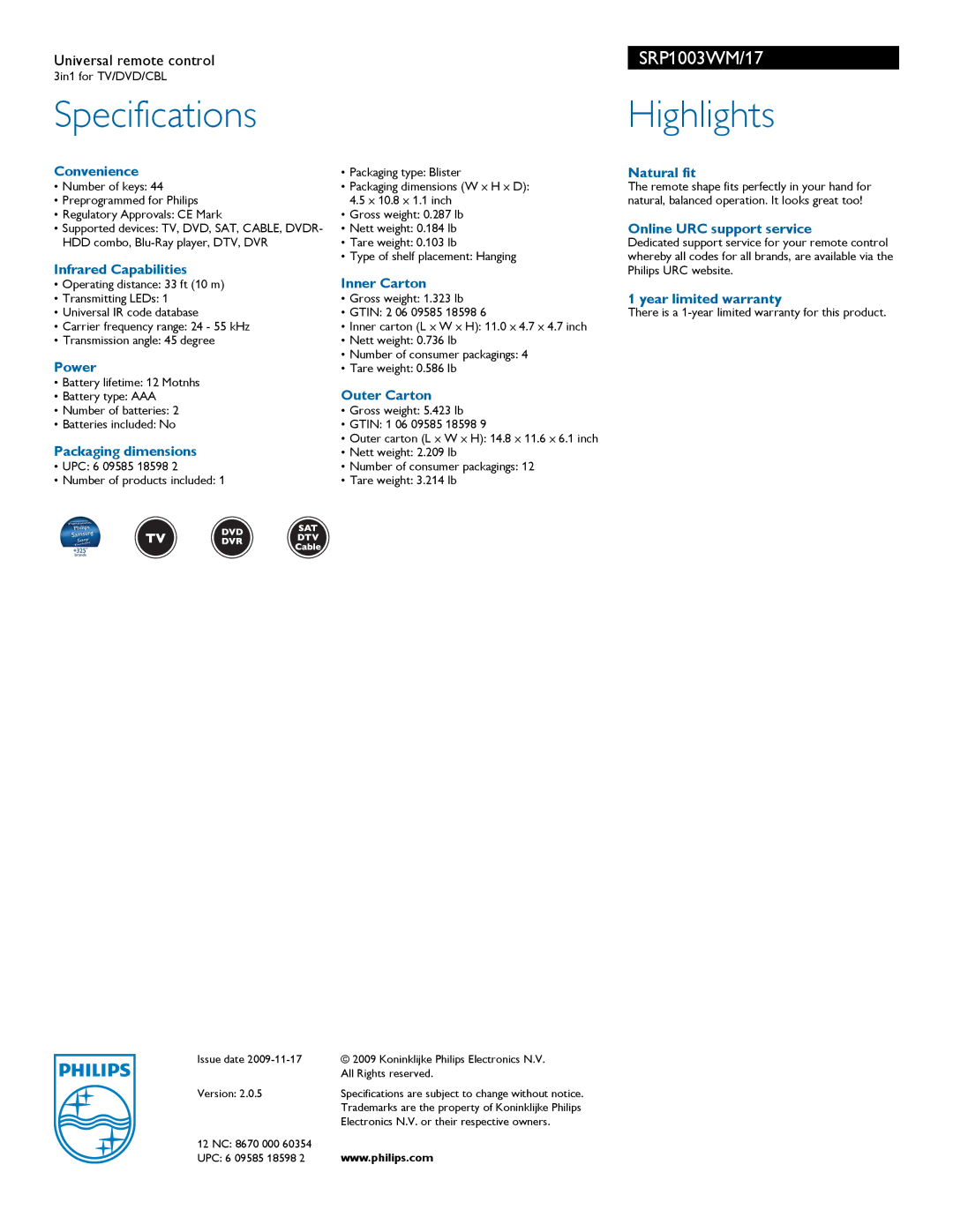 Philips SRP1003WM/17 warranty Convenience, Infrared Capabilities, Power, Packaging dimensions, Inner Carton, Outer Carton 