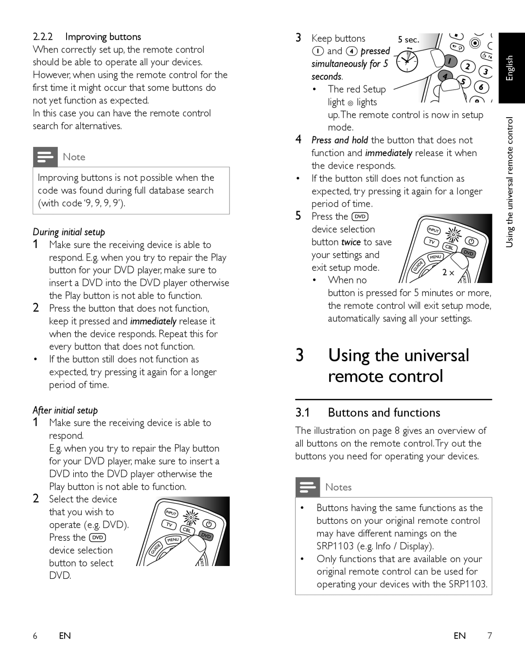 Philips SRP1127 Buttons and functions, Improving buttons, Make sure the receiving device is able to respond, Keep buttons 