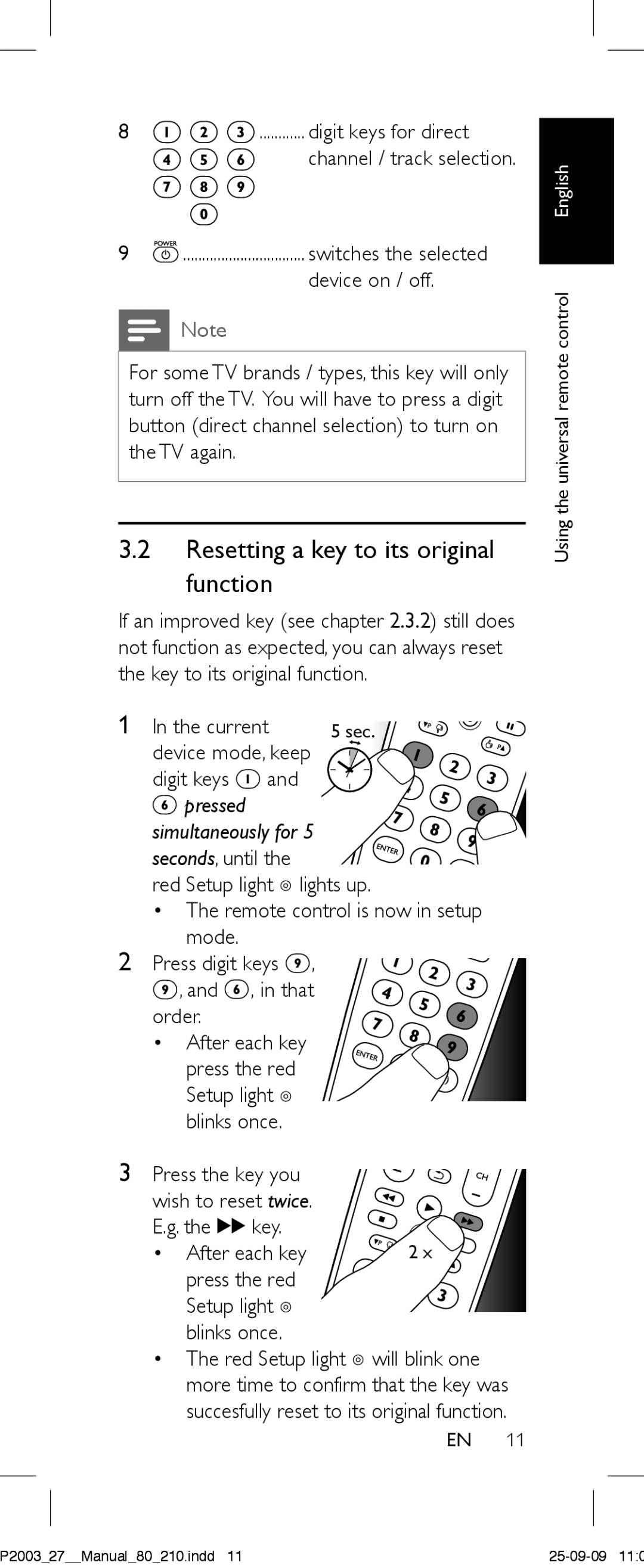 Philips SRP2003/27 user manual Resetting a key to its original function, Digit keys for direct 