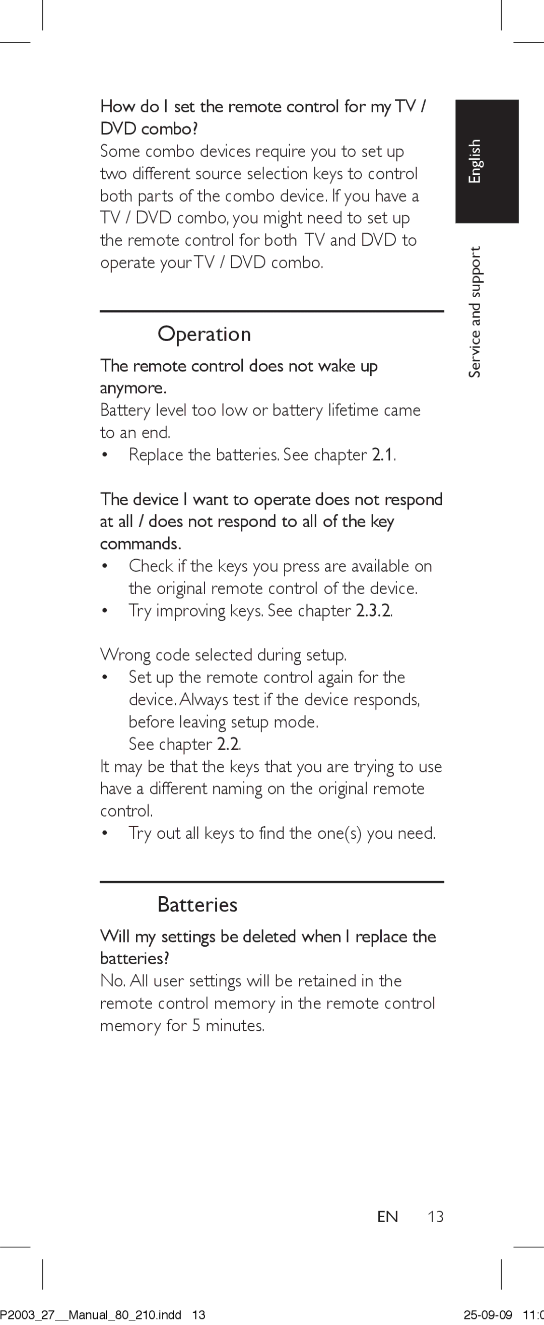 Philips SRP2003/27 user manual Operation, Batteries, How do I set the remote control for my TV / DVD combo? 