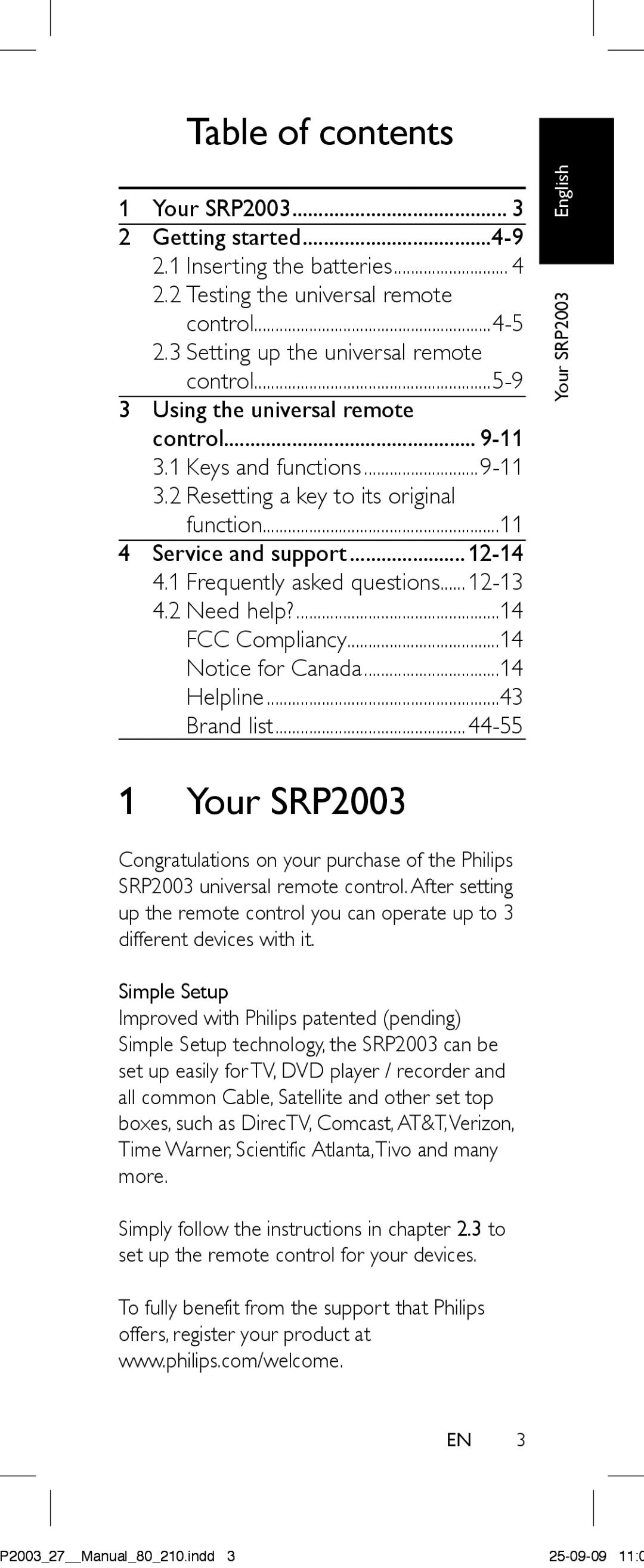 Philips SRP2003/27 user manual Table of contents 