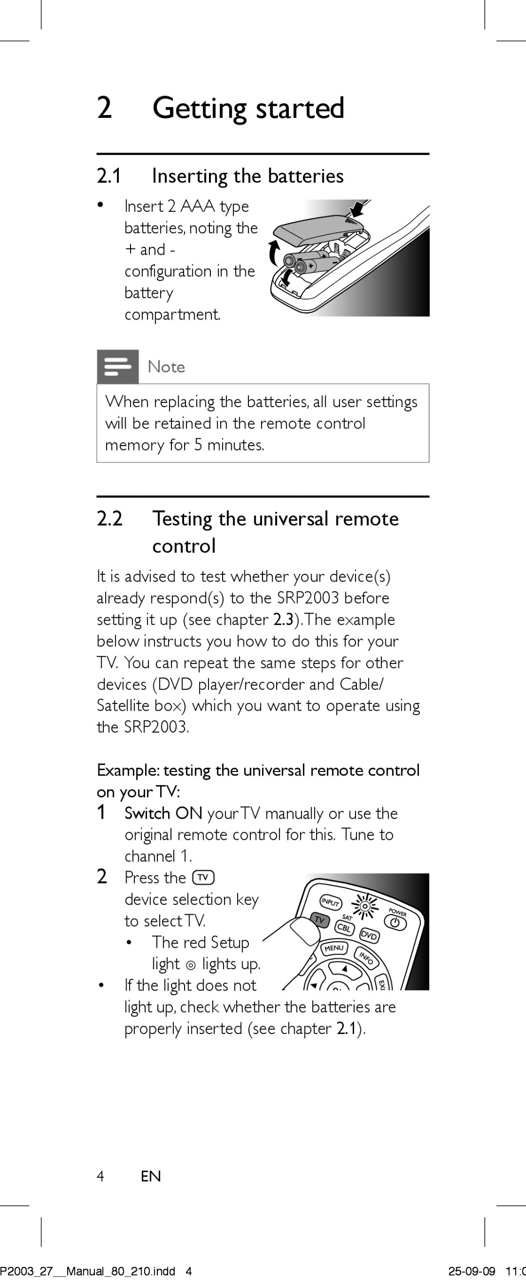 Philips SRP2003/27 user manual Inserting the batteries, Testing the universal remote control 