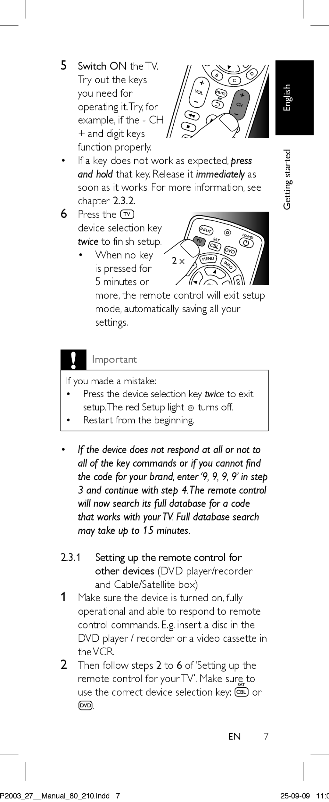 Philips SRP2003/27 user manual Device selection key Twice to finish setup 