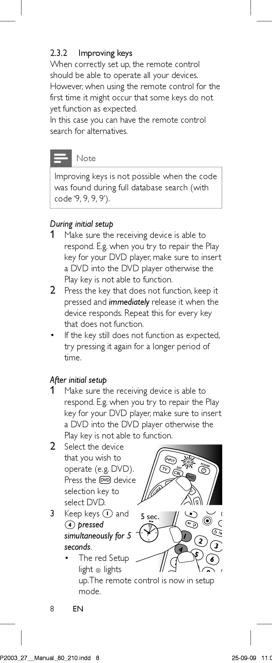 Philips SRP2003/27 user manual Improving keys, During initial setup 