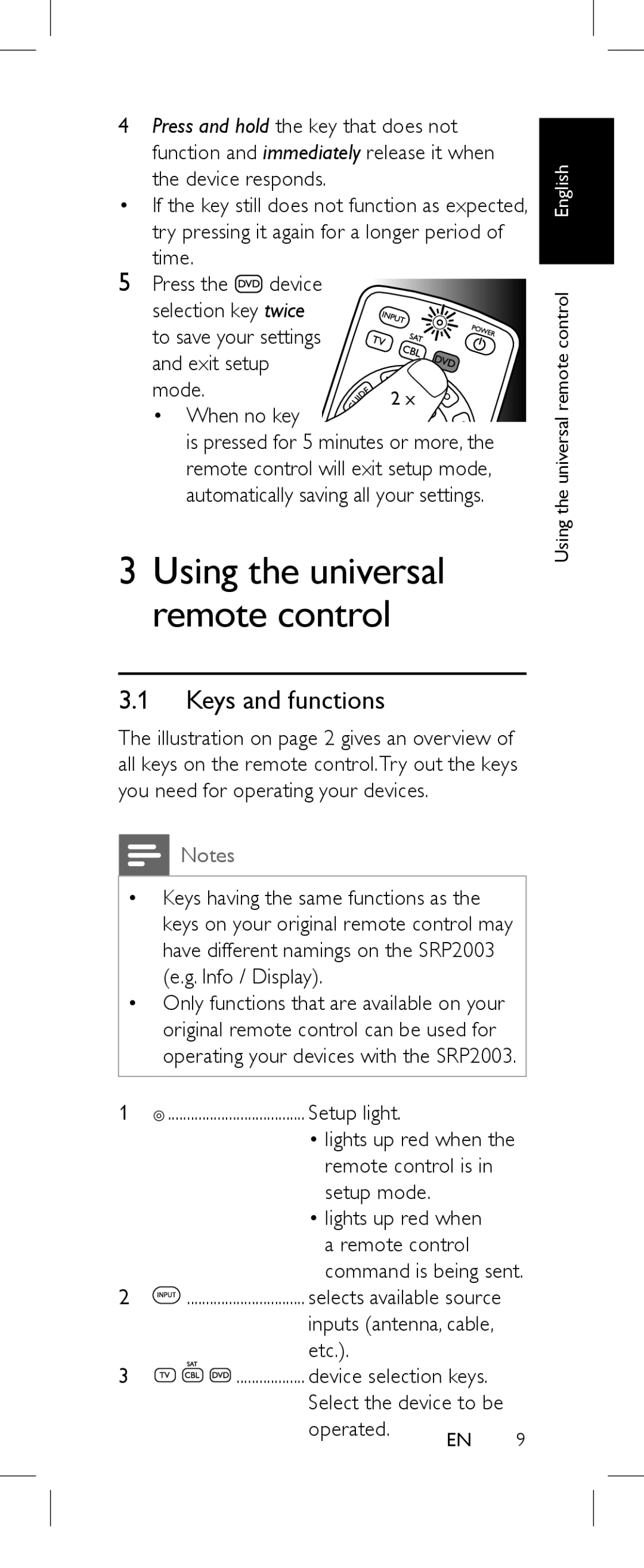 Philips SRP2003/27 user manual Keys and functions 