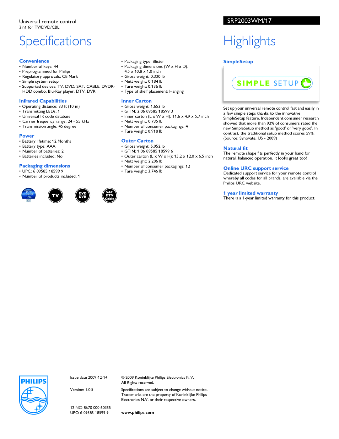 Philips SRP2003WM/17 warranty Specifications, Highlights 