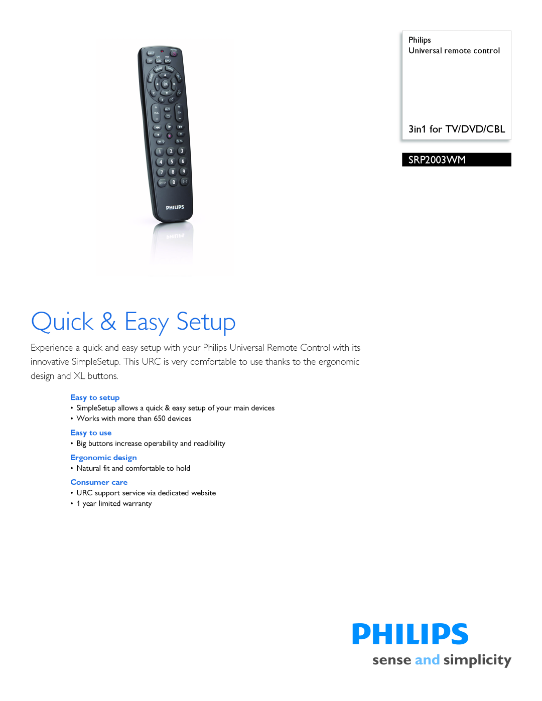 Philips SRP2003WM/17 warranty Quick & Easy Setup, 3in1 for TV/DVD/CBL, Philips Universal remote control 