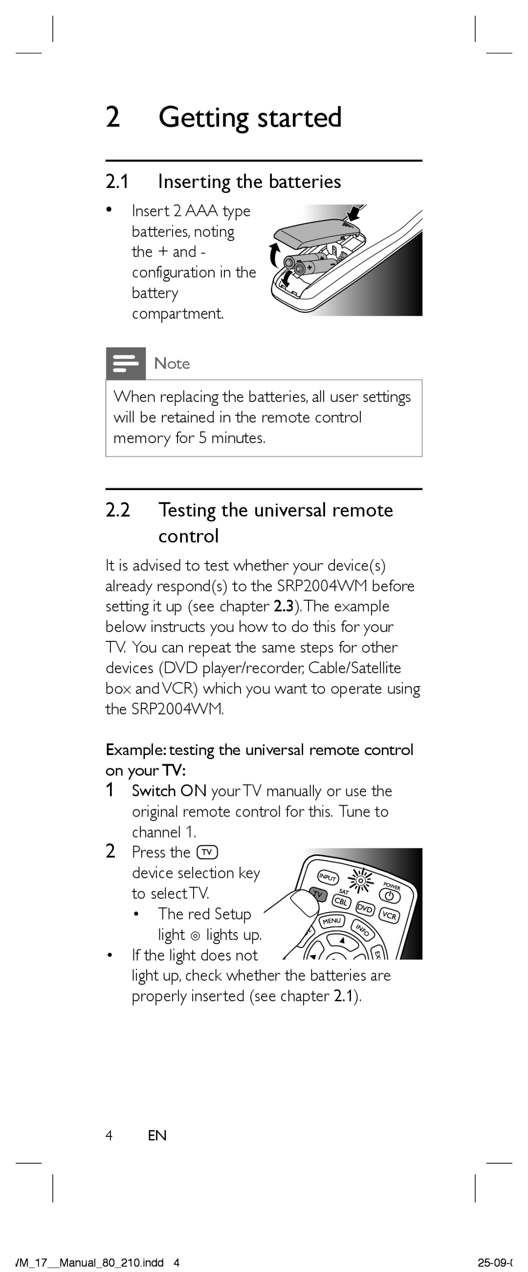 Philips SRP2004WM/17 manual Inserting the batteries, Testing the universal remote control 