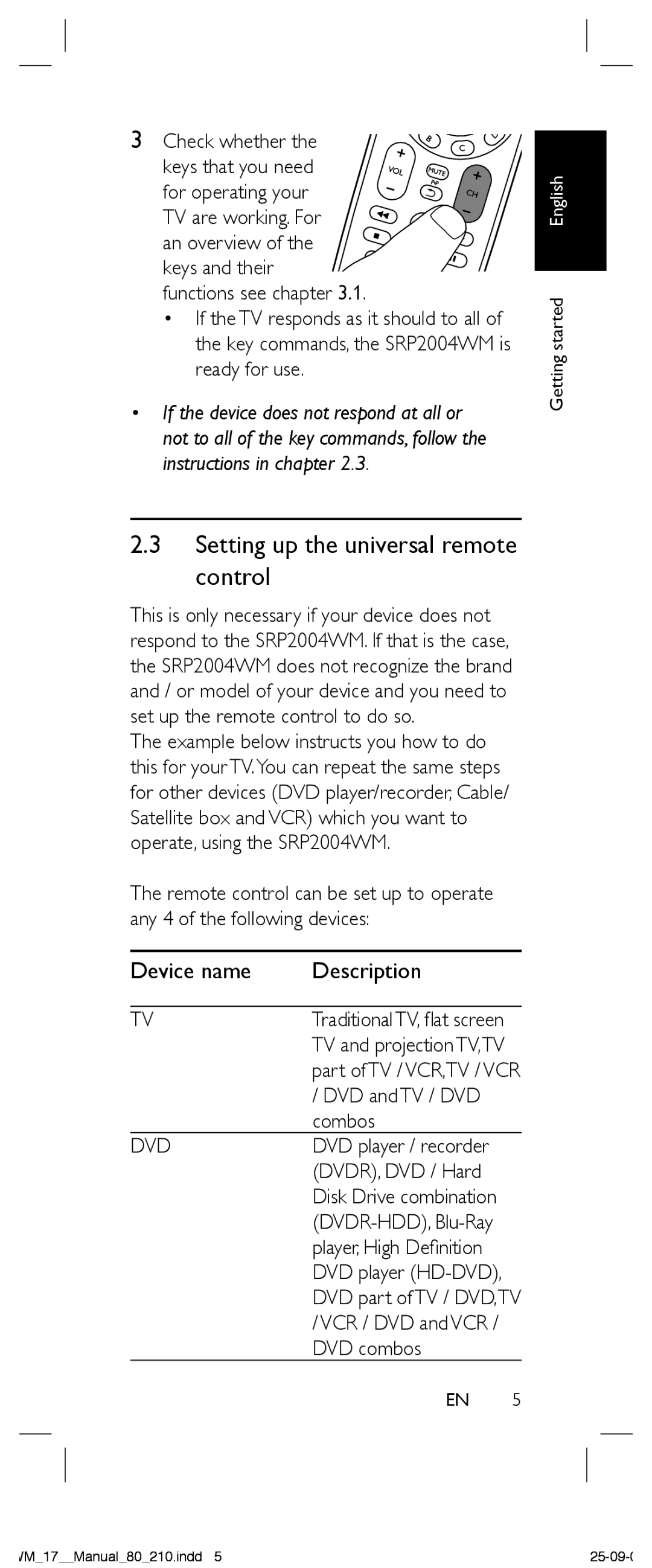 Philips SRP2004WM/17 manual Setting up the universal remote control, DVD and TV / DVD Combos, DVDR, DVD / Hard, DVD combos 