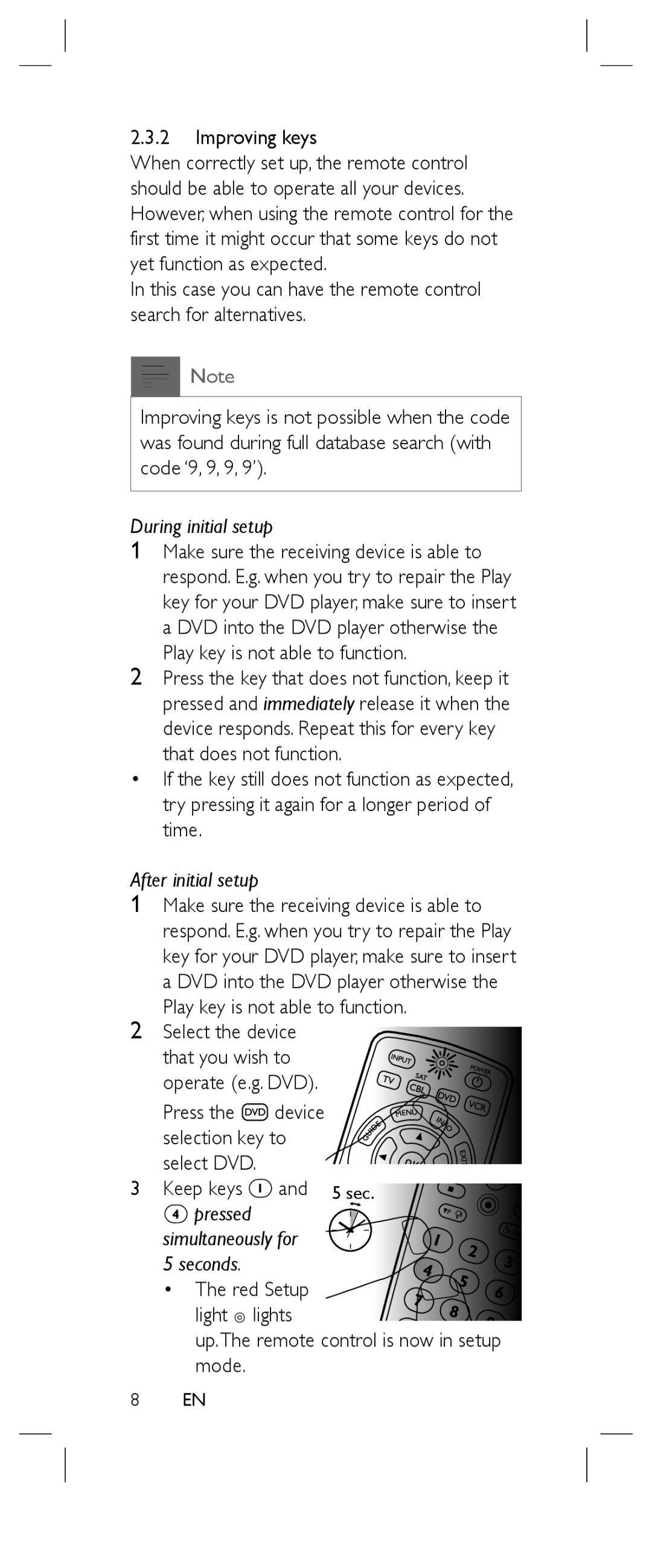 Philips SRP2004WM/17 manual Improving keys, Up.The remote control is now in setup mode 