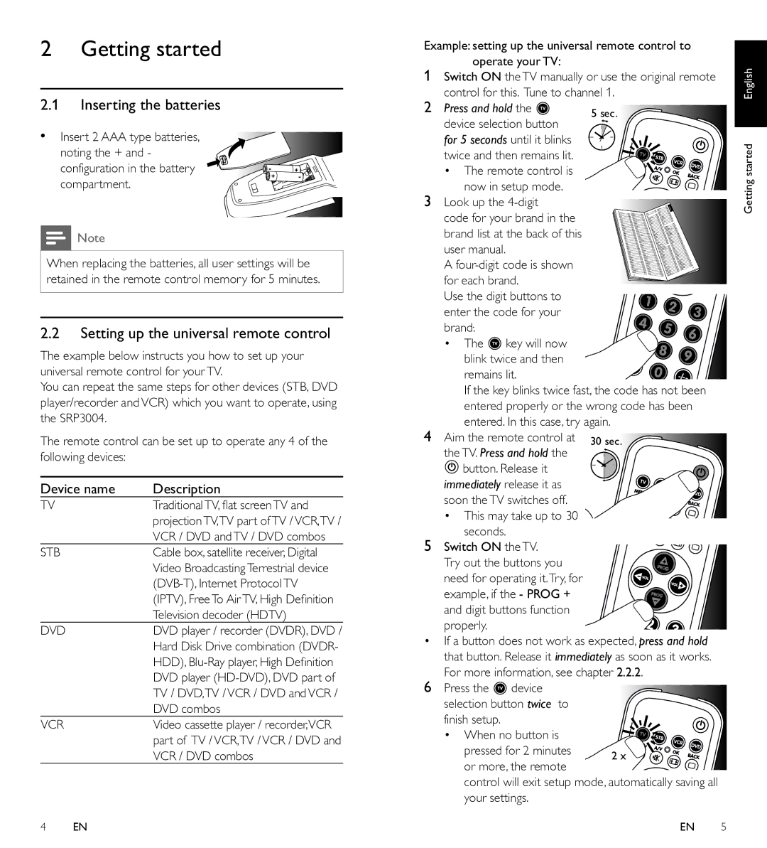 Philips SRP3004/10 manual Getting started, Inserting the batteries, Setting up the universal remote control 