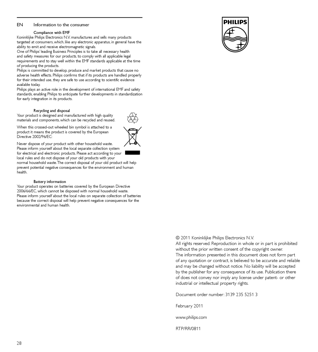 Philips SRP3004/53 manual Koninklijke Philips Electronics N.V, Document order number 3139 235 5251 February RTP/RR/0811 